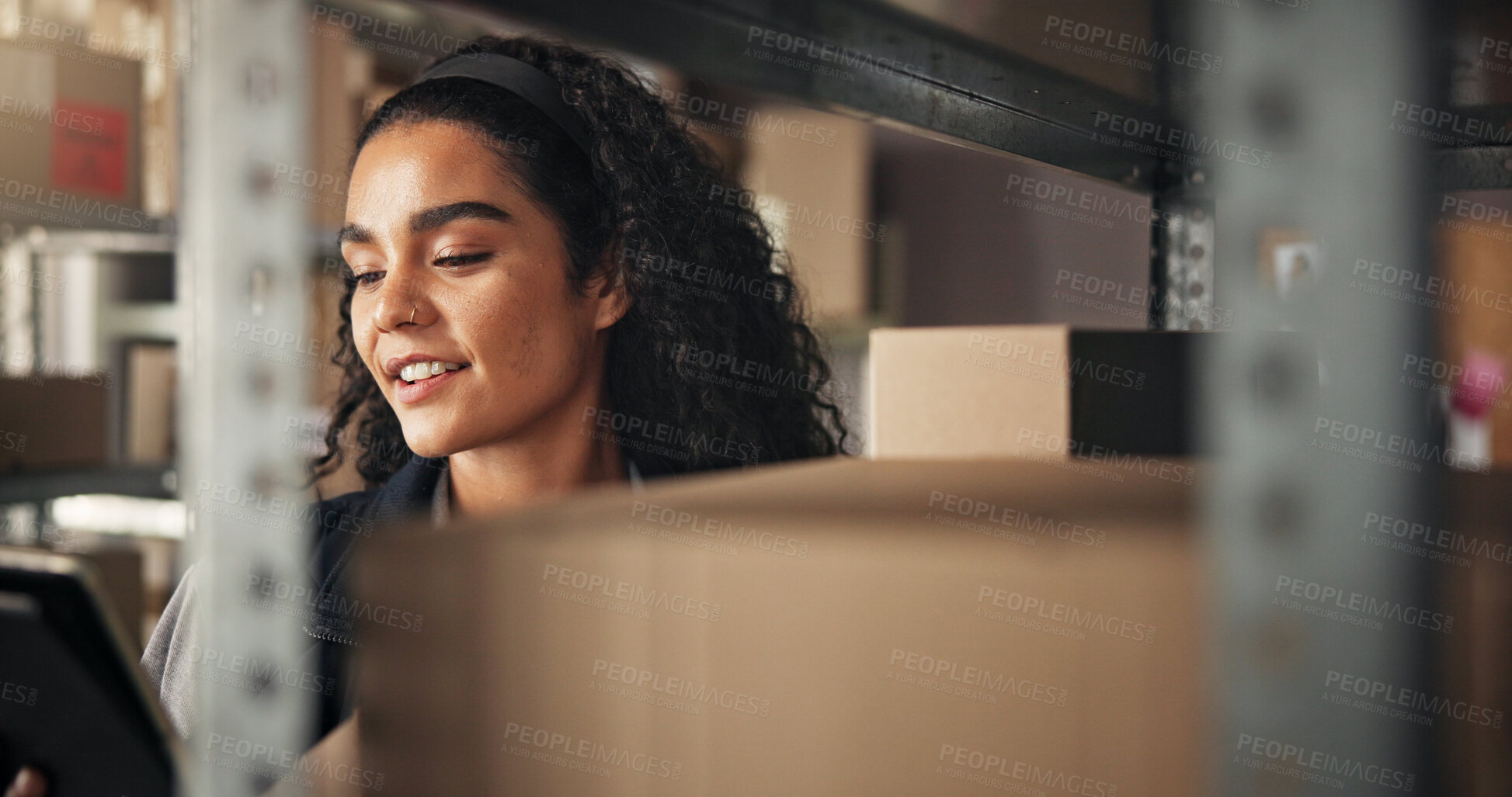 Buy stock photo Boxes, warehouse and woman on tablet for shipping, delivery and online distribution business. Ecommerce, supply chain and person on digital tech for logistics, manufacturing and courier services