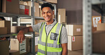 Supply chain, man and smile with portrait for delivery, distribution or quality control for ecommerce. Small business, warehouse and employee inspection for planning, shipping or supplier stock