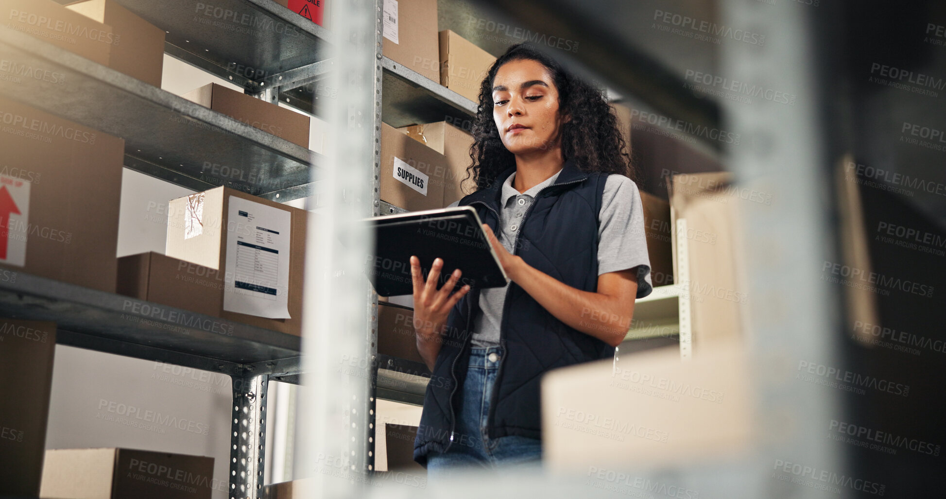 Buy stock photo Inspection, woman and checklist with tablet for delivery, distribution or quality control for ecommerce. Small business, warehouse and supply chain employee for planning, shipping or supplier stock