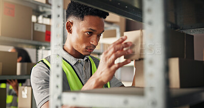 Buy stock photo Supply chain, man and box with inspection for delivery, distribution and order for ecommerce. Small business, warehouse and employee search for distributor with planning, shipping or supplier stock