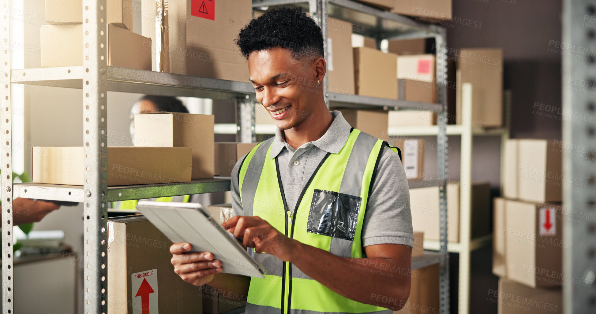Buy stock photo Boxes, tablet and man in warehouse, logistics and app to check inventory. Shipping, employee and tech for stock, distribution center and ecommerce with quality control, supply chain and online order