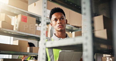 Buy stock photo Supply chain, man and search with tablet for delivery, distribution and inspection for ecommerce. Small business, warehouse and employee for online distributor with planning, shipping or supplier