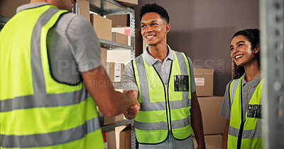 Buy stock photo Logistics, greeting and people in warehouse, handshake and happy for agreement with supplier or stock. Shipping, colleagues and shaking hands for collaboration in factory, boxes or smile for delivery