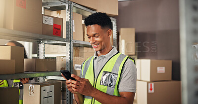 Buy stock photo Supply chain, man and excited with phone for delivery, distribution and success for ecommerce. Small business, warehouse and employee texting distributor for planning, shipping or supplier stock