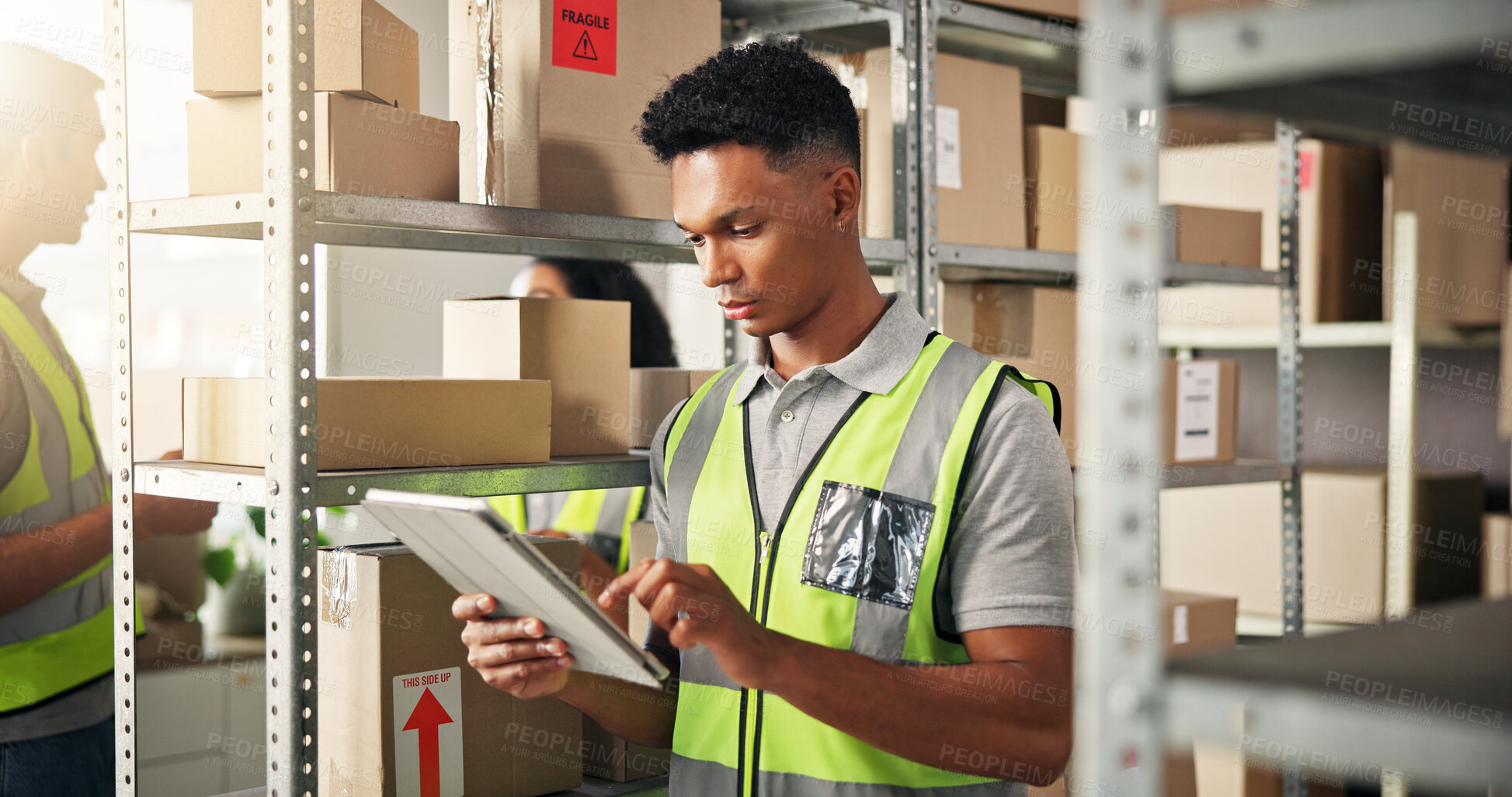 Buy stock photo Supply chain, tablet and man in warehouse, logistics and digital app to check inventory. People, employee and tech for stock, distribution center and ecommerce with boxes, quality control or shipping