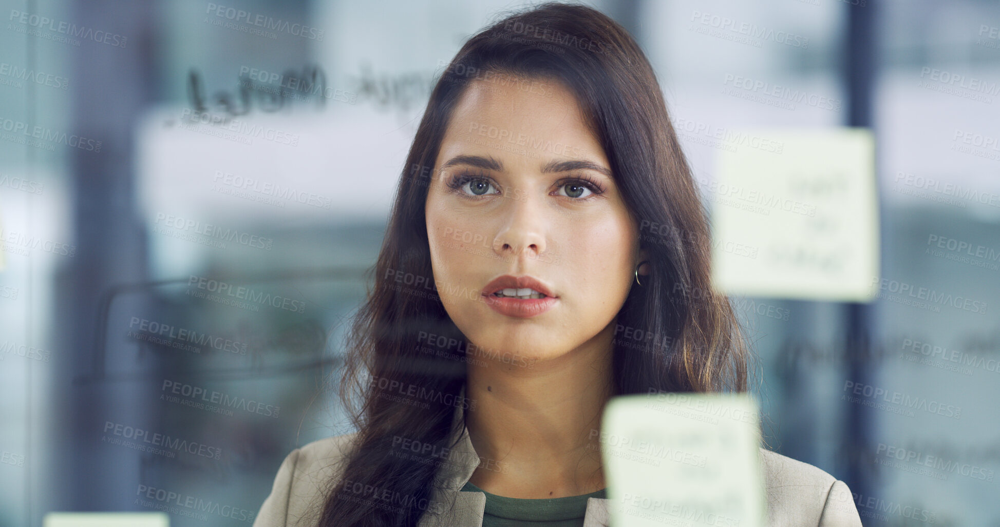 Buy stock photo Thinking, glass board and businesswoman in office for company investment planning. Brainstorming, research and female financial manager writing by wall for corporate finance proposal in workplace.