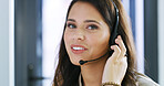 Happy woman, portrait and headset with mic at call center for communication, online advice or support. Face, female person or consultant agent with smile for contact service, CRM or remote helpdesk
