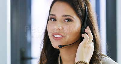 Buy stock photo Happy woman, portrait and headset with mic at call center for communication, online advice or support. Face, female person or consultant agent with smile for contact service, CRM or remote helpdesk