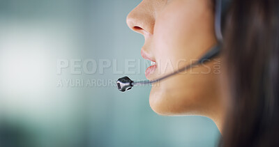 Buy stock photo Call center, agent and mouth of woman with microphone for inbound assistance, sales advice and FAQ support. Space, telemarketing and person with headset for lead generation, helpdesk advisory or help