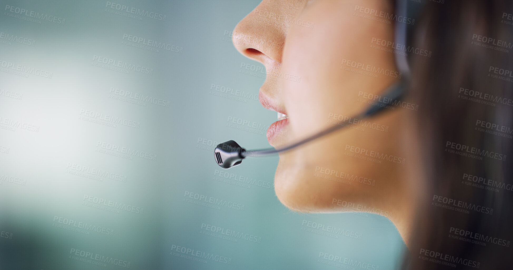 Buy stock photo Call center, agent and mouth of woman with microphone for inbound assistance, sales advice and FAQ support. Space, telemarketing and person with headset for lead generation, helpdesk advisory or help