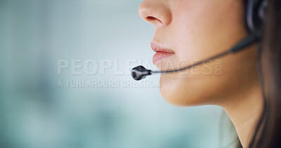 Buy stock photo Call center, consultant and mouth of woman with microphone for inbound assistance and customer service. Space, telemarketing and agent with headset for FAQ support, lead generation and online advice