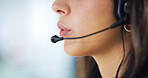 Call center, consultant and mouth of woman with headset for inbound assistance, customer support and FAQ. Space, telemarketing and agent with consulting for product advice, lead generation and help