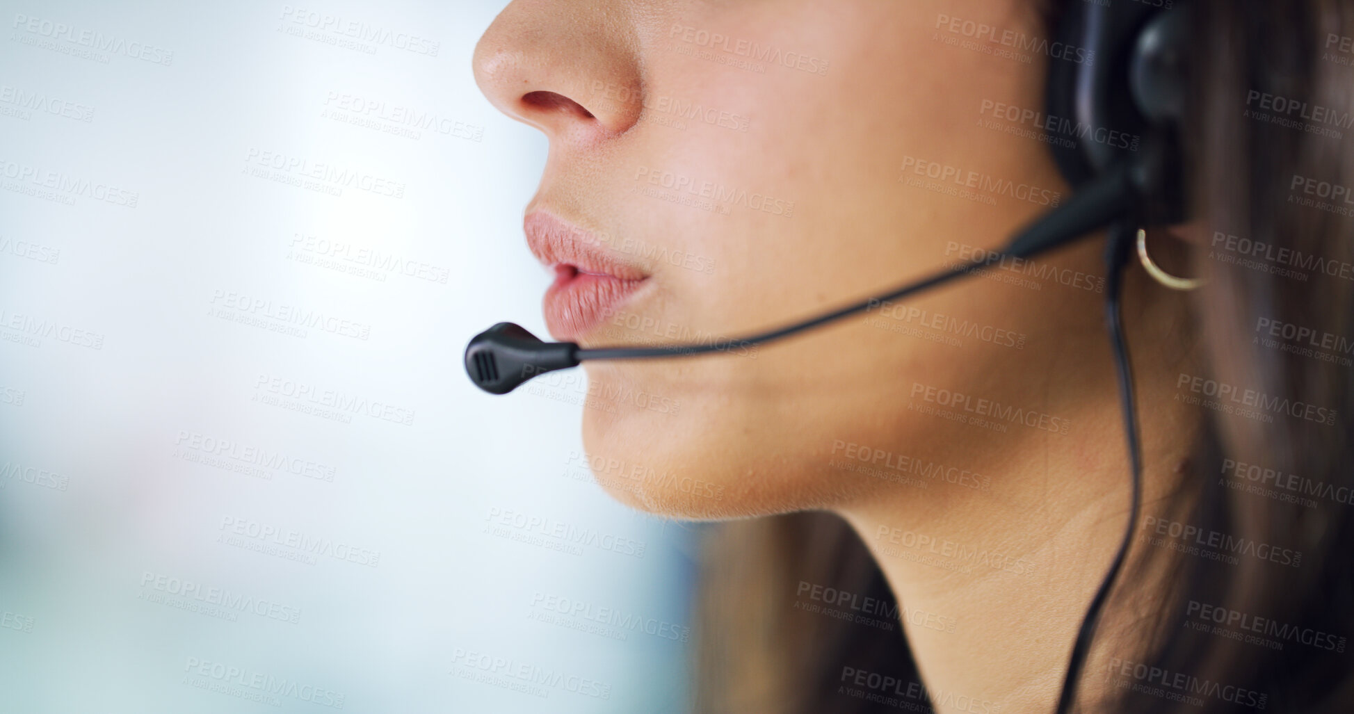Buy stock photo Call center, consultant and mouth of woman with headset for inbound assistance, customer support and FAQ. Space, telemarketing and agent with consulting for product advice, lead generation and help