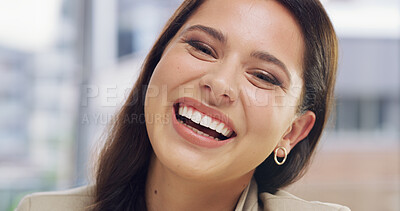 Buy stock photo Laughing, smile and portrait of business woman in office for comic, professional and funny. Commitment, creative startup and comedy with female employee in agency for entrepreneur, pride and joke