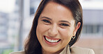 Laughing, funny and portrait of business woman in office for comic, professional and smile. Commitment, creative startup and comedy with female employee in agency for entrepreneur, pride and joke