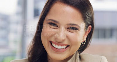 Buy stock photo Laughing, funny and portrait of business woman in office for comic, professional and smile. Commitment, creative startup and comedy with female employee in agency for entrepreneur, pride and joke