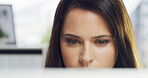 Business, thinking and woman with computer, serious and contemplation with website info for article. Person, employee and consultant with solution, thoughtful and problem solving with rejection email