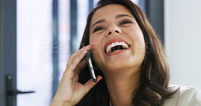 Buy stock photo Happy woman, laughing and funny conversation with phone call for business humor or comedy at office. Face, female person and smile with mobile smartphone for fun discussion or friendly chat at work