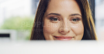 Buy stock photo Business, reading and woman in office, computer and contemplation with website info for article. Person, employee and consultant with ideas, thinking and problem solving with email or review