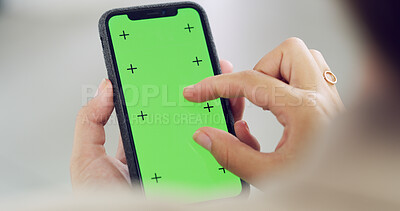 Buy stock photo Green screen, phone and hands of person online for website, internet search and mobile app. Mockup space, social media and smartphone with tracking markers for user interface, ux and advertising