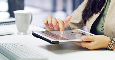 Buy stock photo Office, tablet and hands of business person on website for SEO research, online project and digital marketing. Creative company, professional and worker on tech for information, internet and planning