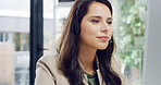Woman, consultant and reading in office with headset, virtual assistant and client support on computer. Agent, technology and smile in agency for information review, contact and service at help desk