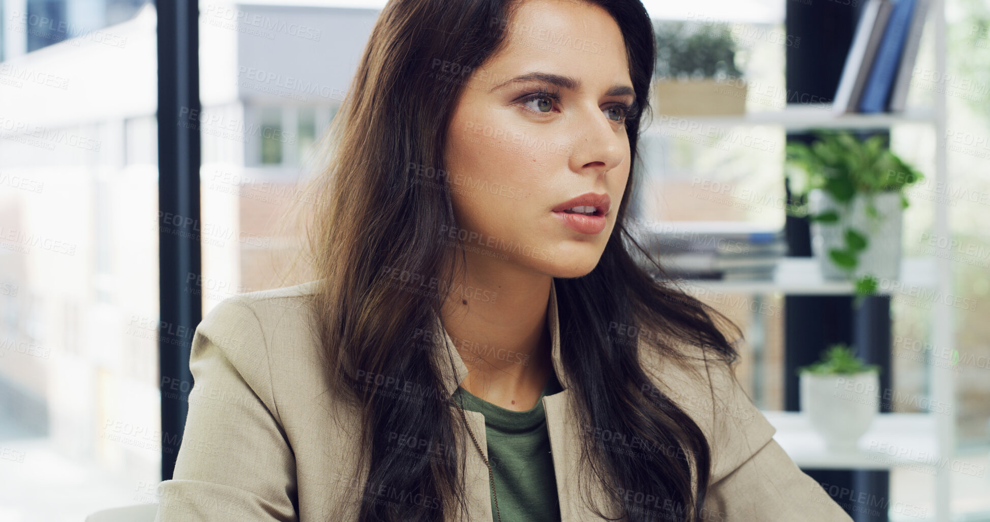 Buy stock photo Thinking, business and woman in office, problem solving and choice with decision. Person, employee and workplace with feedback, planning for project and publisher with editor for magazine or creative
