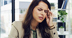 Stress, headache and business woman in office with problem, burnout and mistake at company. Professional, corporate worker and upset person with migraine, head pain and anxiety for overworked job