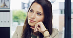 Thinking, idea and business woman in office for company future, brainstorming and solution at work. Real estate agency, professional and person with thoughts for property development, career and job