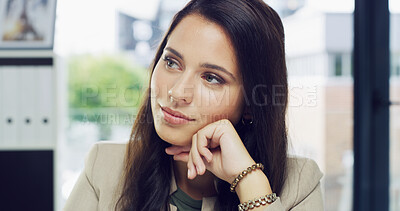 Buy stock photo Thinking, idea and business woman in office for company future, brainstorming and solution at work. Real estate agency, professional and person with thoughts for property development, career and job