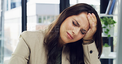 Buy stock photo Business woman, stress or headache with pain for mistake, fail or burnout at office desk. Frustrated, tired or female person with migraine or sore ache for project deadline or discomfort at workplace