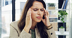 Burnout, headache and business woman in office with problem, stress and mistake at company. Professional, corporate worker and upset person with migraine, head pain and anxiety for overworked job
