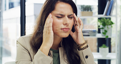 Buy stock photo Burnout, headache and business woman in office with problem, stress and mistake at company. Professional, corporate worker and upset person with migraine, head pain and anxiety for overworked job