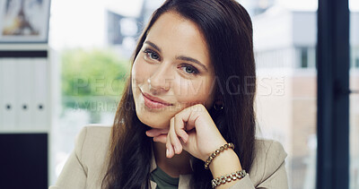 Buy stock photo Finance, portrait and smile of business woman in office for administration or bookkeeping. Accounting, friendly and wealth with happy bookkeeper in professional workplace for financial management