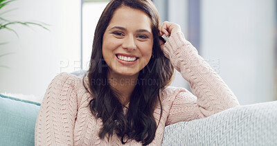 Buy stock photo Sofa, smile and portrait of happy woman in home for relaxing, resting and comfortable. Living room, apartment and face of person on couch for calm, wellness and peace on weekend, break and afternoon