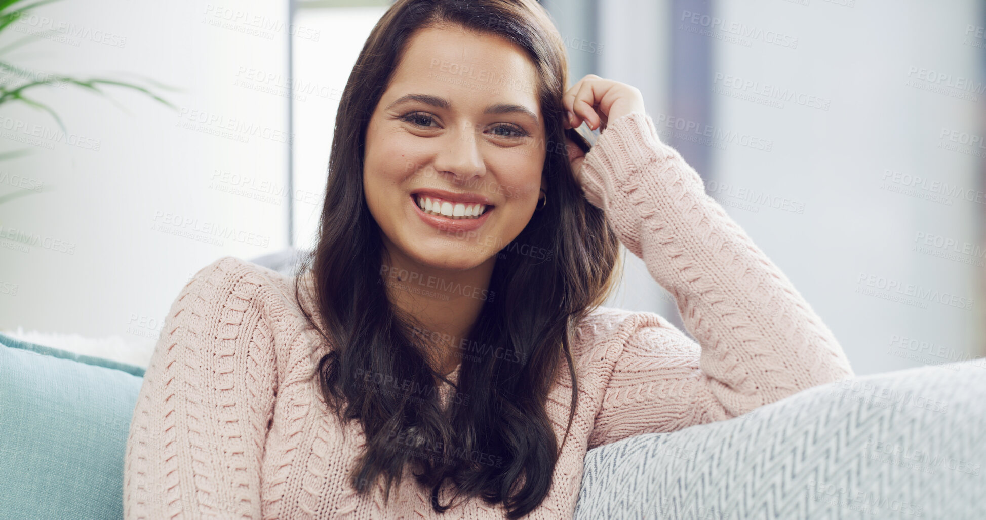 Buy stock photo Sofa, smile and portrait of happy woman in home for relaxing, resting and comfortable. Living room, apartment and face of person on couch for calm, wellness and peace on weekend, break and afternoon