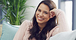 Sofa, happy and portrait of woman relax with smile for chilling, resting and comfortable in home. Living room, morning and face of person on couch for calm, wellness and peace on weekend afternoon