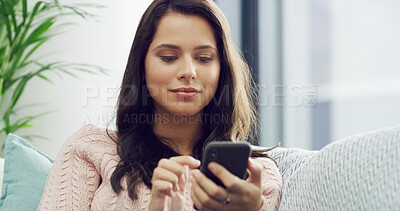 Buy stock photo Woman, scroll and relax with phone on sofa for social media browsing, streaming service or reading notification. Home, person and smartphone in lounge for text message, app download and communication