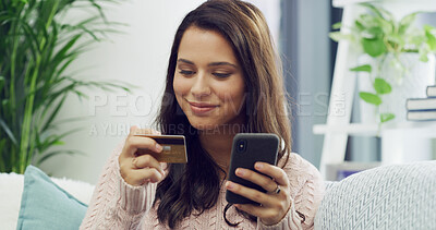 Buy stock photo Online shopping, phone and woman with credit card on sofa for internet banking, payment and store website. Happy, home and person with debit info on smartphone for purchase, sales and ecommerce app