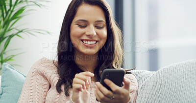 Buy stock photo Woman, happy and relax with phone on sofa for social media scroll, streaming service or chat on dating site. Smile, person and smartphone in home for text message, app download and web subscription