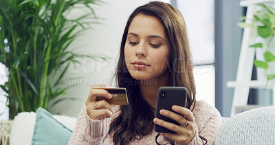 Buy stock photo Woman, credit card and relax with phone on sofa for online shopping, digital payment and password verification. Fintech, person and smartphone in home for internet banking app, web purchase and deal