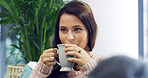 Morning, relax and woman with coffee on sofa with caffeine beverage, warm drink and cappuccino. Apartment, home and person with mug in living room with inspiration, thinking and chill on weekend