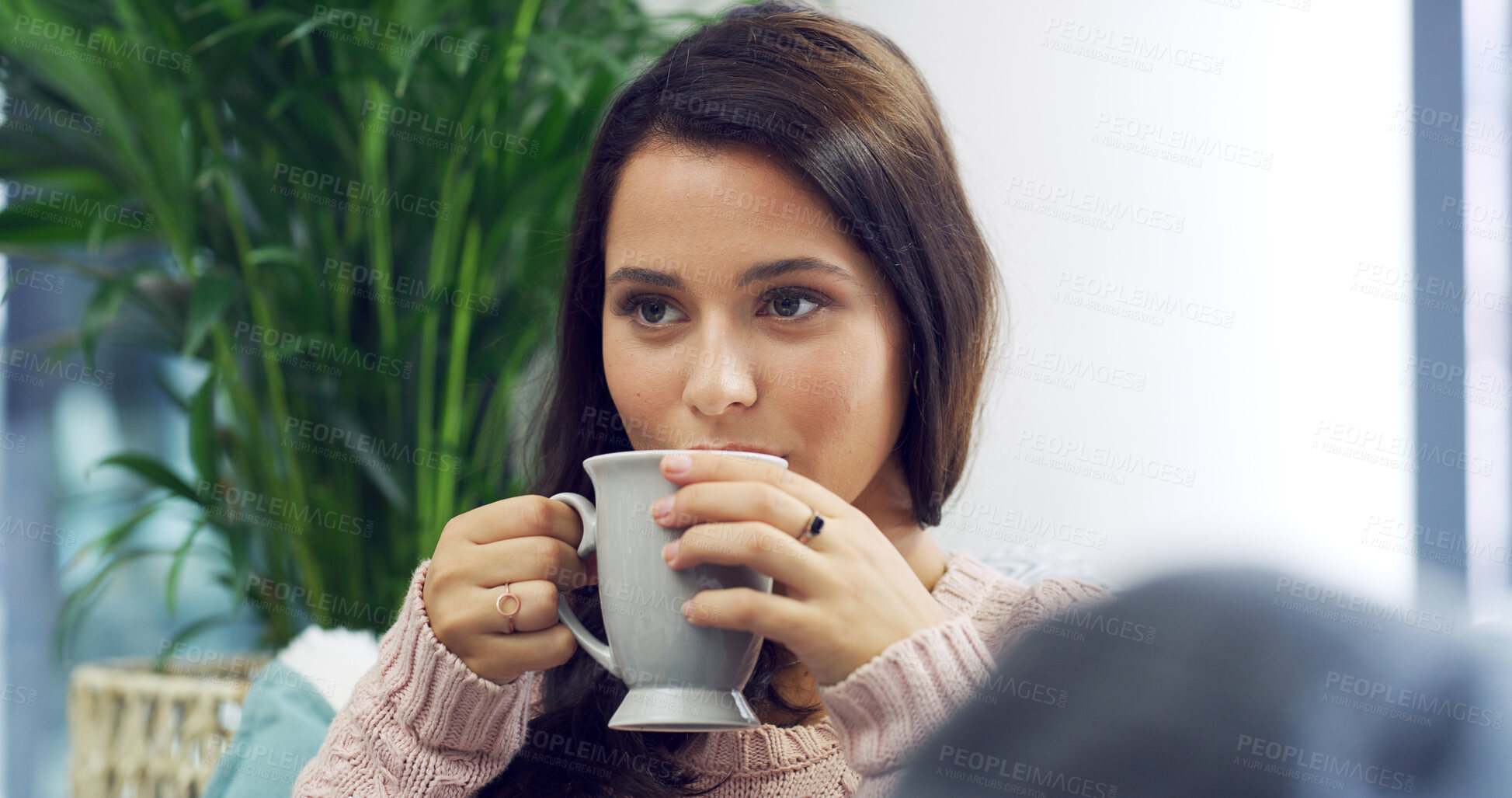 Buy stock photo Morning, relax and woman with coffee on sofa with caffeine beverage, warm drink and cappuccino. Apartment, home and person with mug in living room with inspiration, thinking and chill on weekend