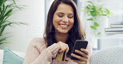 Buy stock photo Woman, credit card and happy with phone on sofa for online shopping deal, digital payment and web finance. Fintech, person and smartphone in home for internet banking app, sale purchase and ecommerce