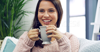 Buy stock photo Morning, happy and woman with coffee on sofa with caffeine beverage, warm drink and cappuccino. Apartment, home and person with mug in living room with inspiration, thinking and relax on weekend