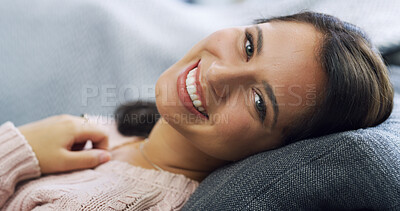Buy stock photo Sofa, happy and portrait of woman in home with smile for relaxing, resting and comfortable in house. Living room, morning and face of person on couch for break, satisfaction and peace on weekend