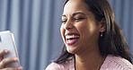 Home, woman and laugh with smartphone for chat, online communication and comment for digital reel. House, female person and happiness with mobile app for social media, meme and message with contact
