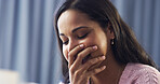 Shock, face and woman in home with good news, thinking and laughing in living room. Relax, happy ideas and girl in house with relief for positive results, funny feedback or information in lounge