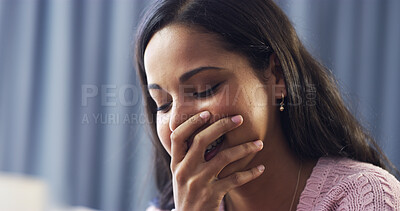 Buy stock photo Shock, face and woman in home with good news, thinking and laughing in living room. Relax, happy ideas and girl in house with relief for positive results, funny feedback or information in lounge