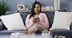 Woman, phone and texting on sofa, relax and happy on study break, chat and check notification in home. Girl, student and smartphone with contact, mobile app or social network in lounge at apartment